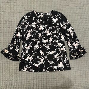 Karl Lagerfeld Paris Small Floral Black and White Women’s Blouse Ruffle Sleeve